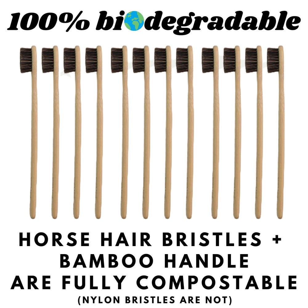 Close-up of soft horsehair bristles on Gaia Guy toothbrush