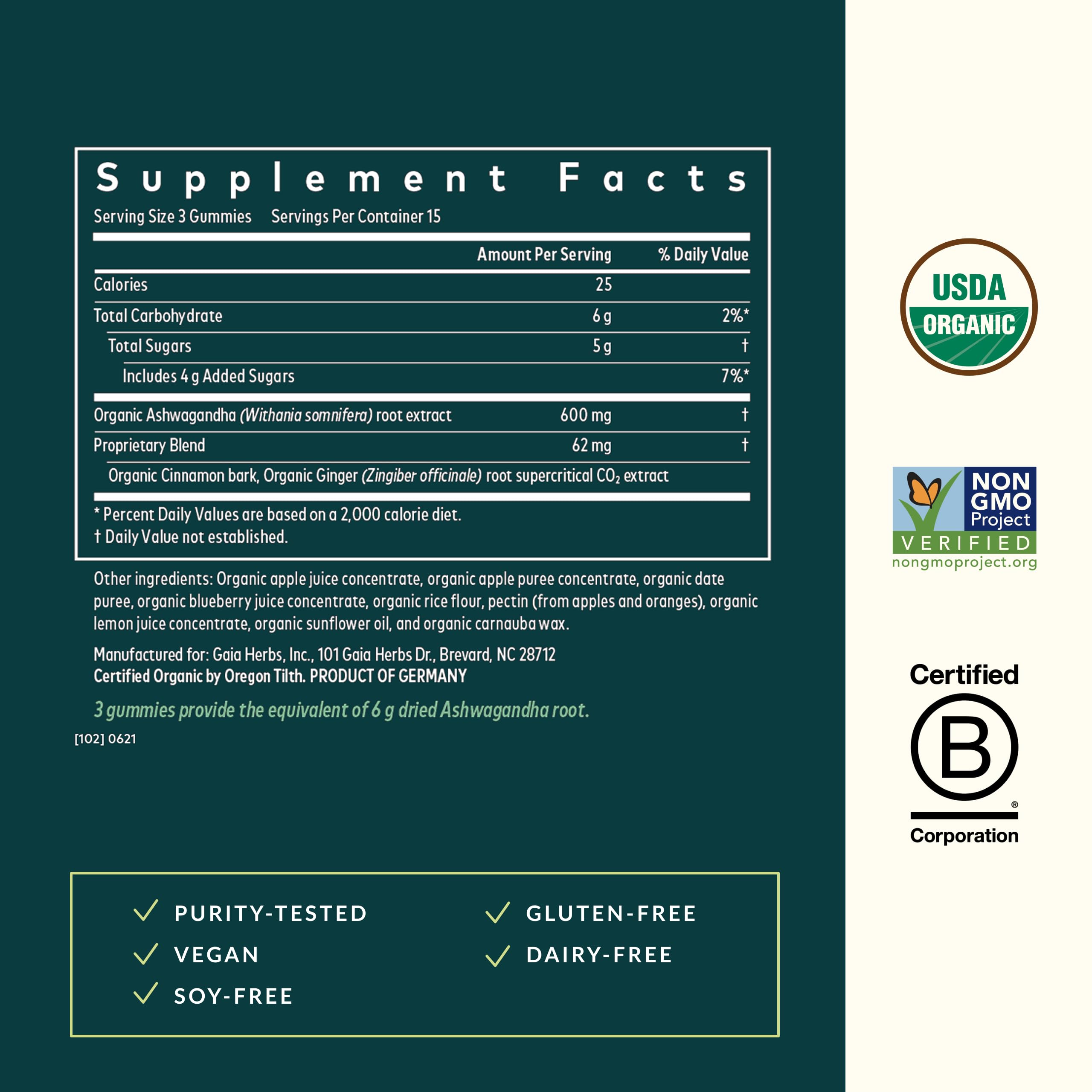 Ingredients and ashwagandha content on packaging