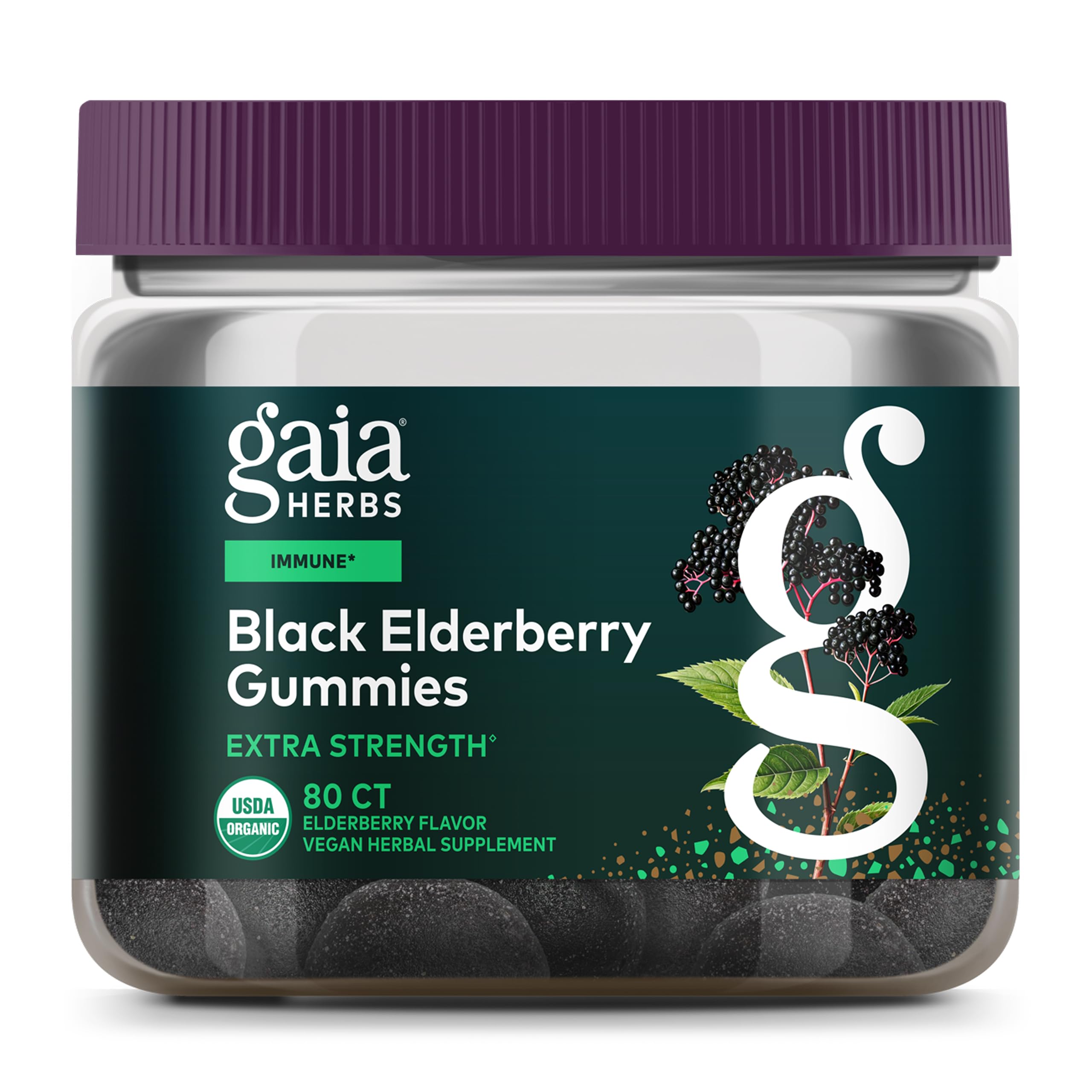 Front view of Gaia Herbs Black Elderberry Gummies bottle (80-count)