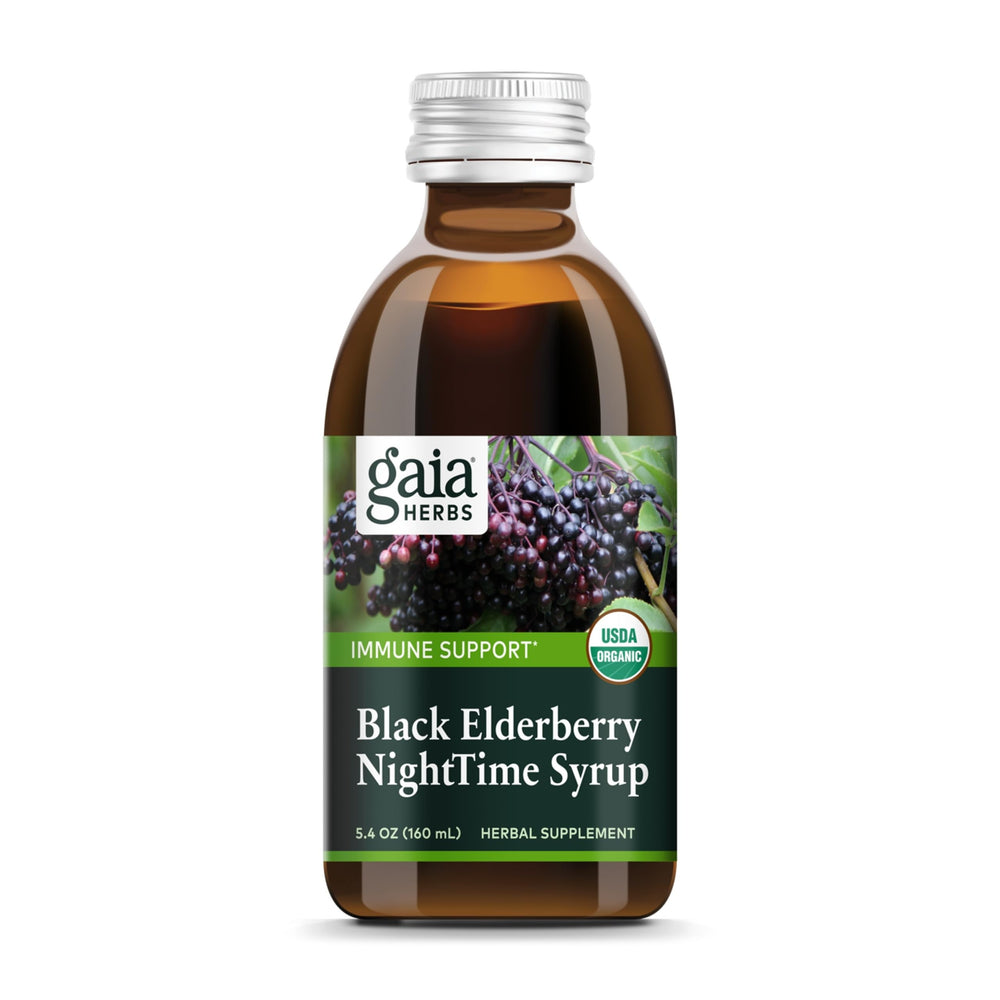 Gaia Herbs Black Elderberry NightTime Syrup bottle and box on white background