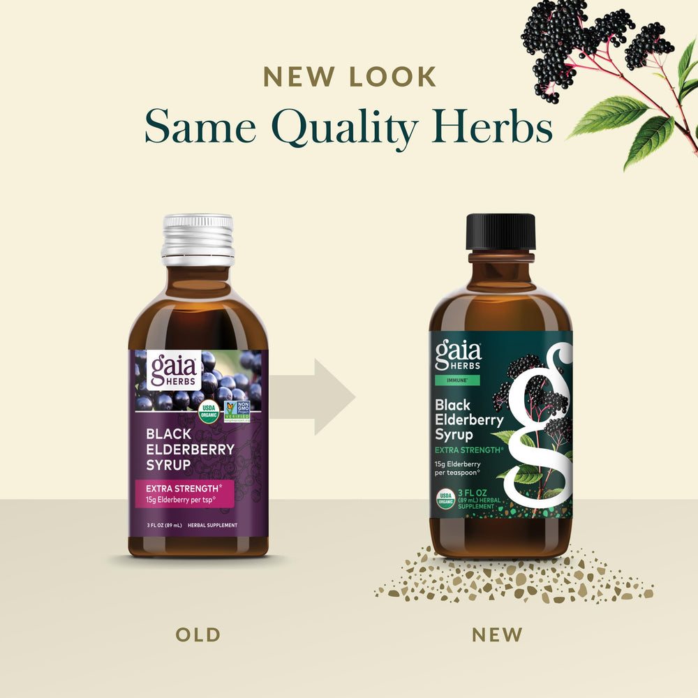 Label and bottle of Gaia Herbs Black Elderberry Syrup
