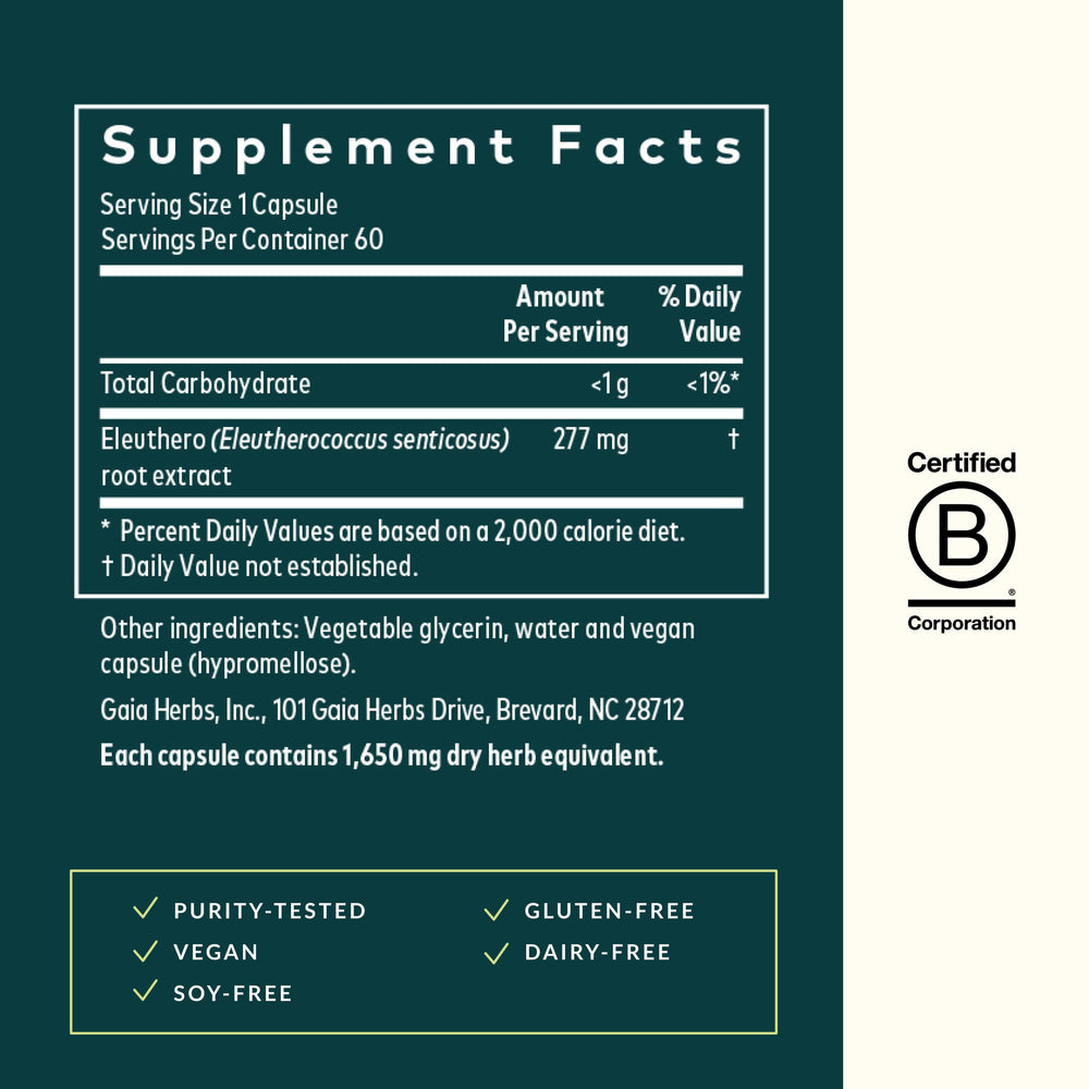 Gaia Herbs Eleuthero Root bottle and product label