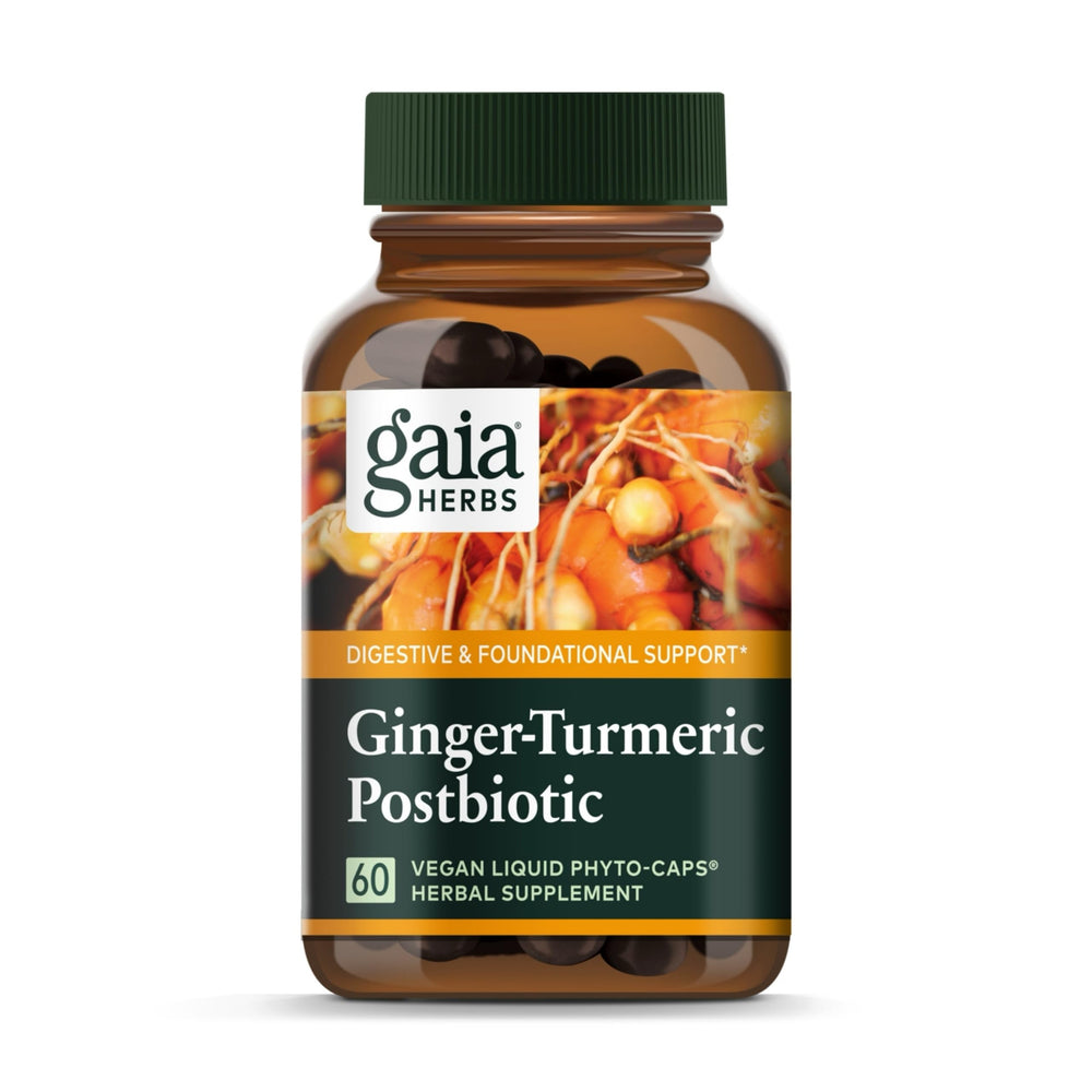 Gaia Herbs Ginger-Turmeric Postbiotic bottle - product shot