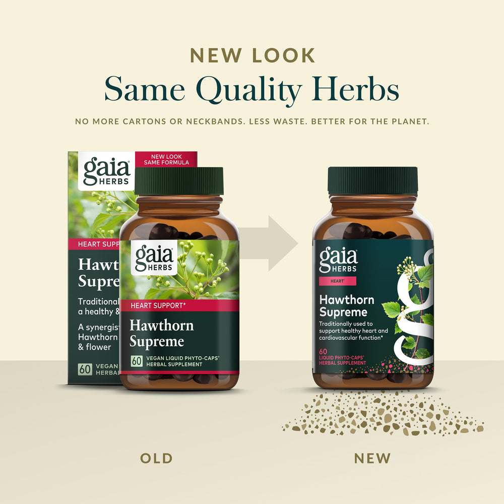 Gaia Herbs Hawthorn Supreme, ingredientes de alta calidad, provenientes de cultivos controlados.