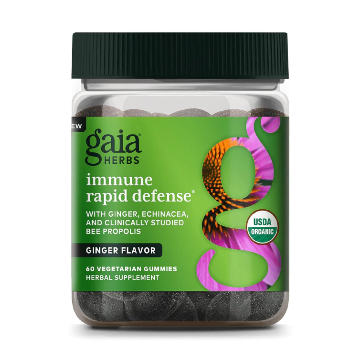 Front view of Gaia Herbs Organic Immune Rapid Defense Gummies bottle
