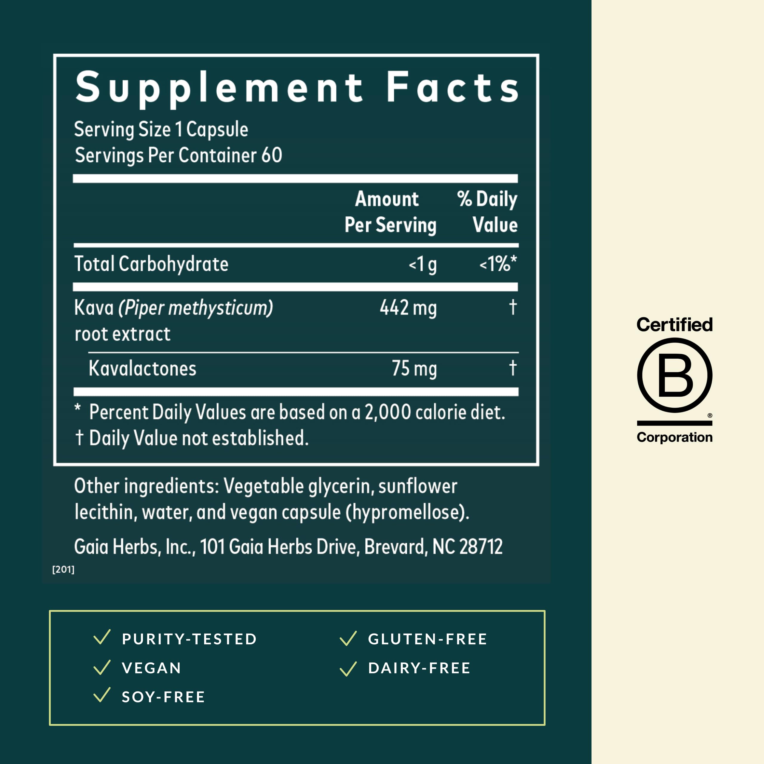 Gaia Herbs Kava Root capsule packaging label