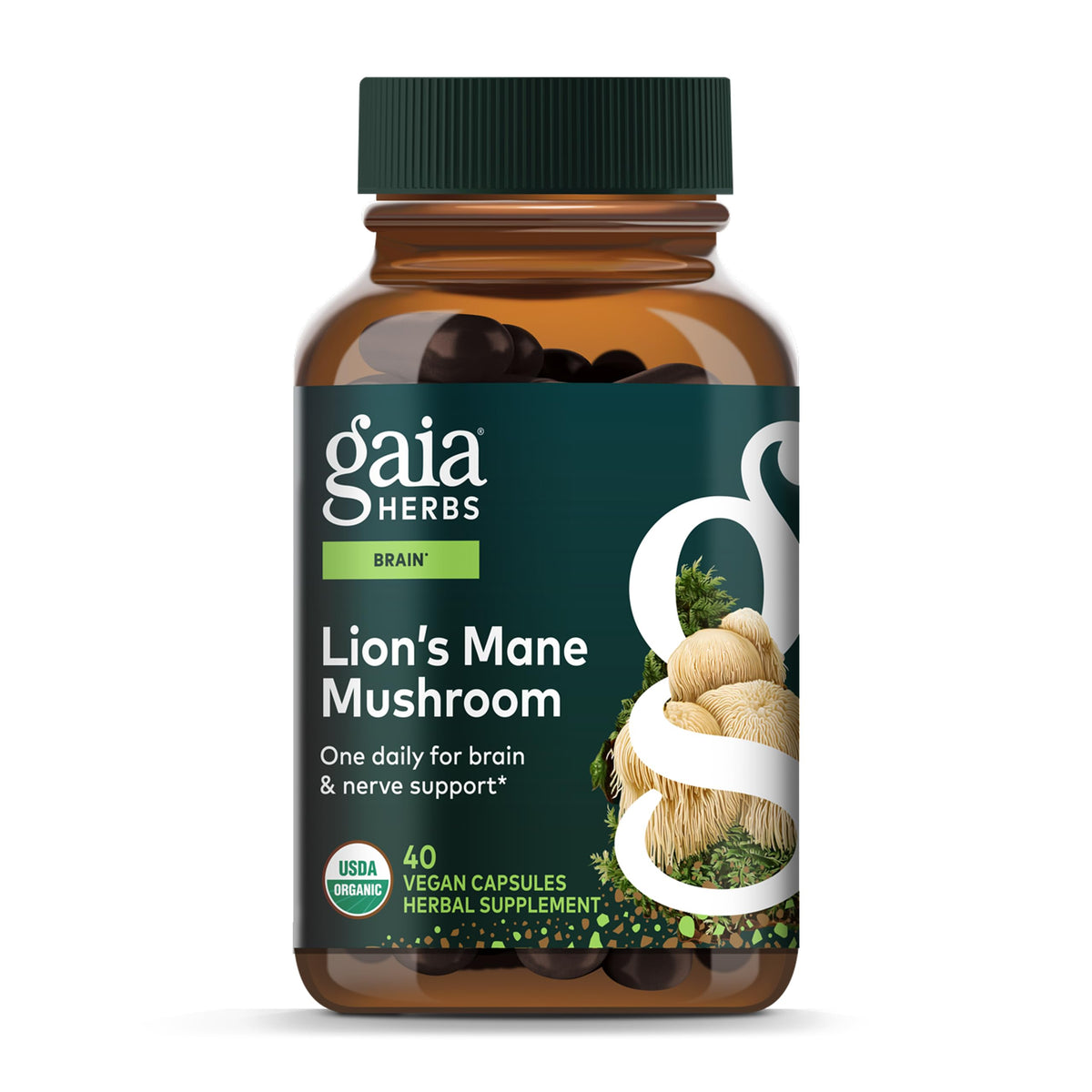 Gaia Herbs Lion's Mane bottle label on white background