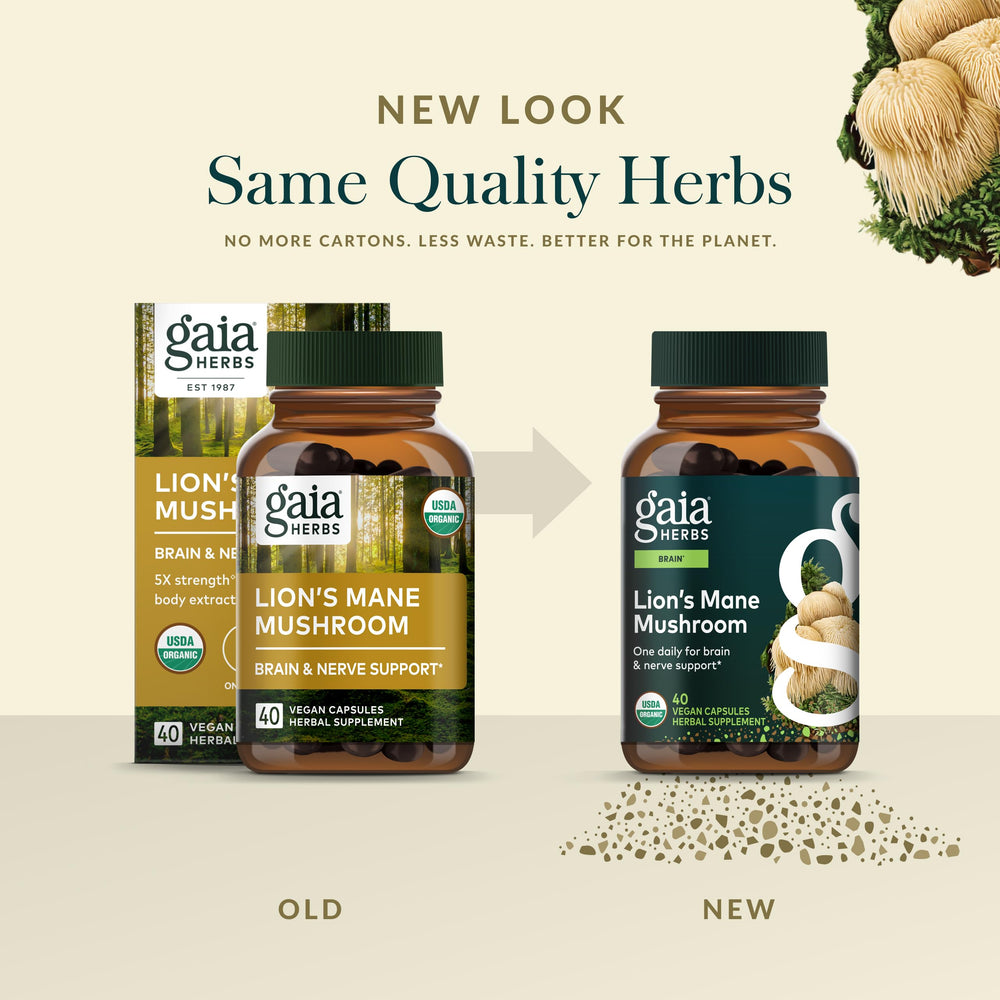 Gaia Herbs Lion's Mane bottle with product branding