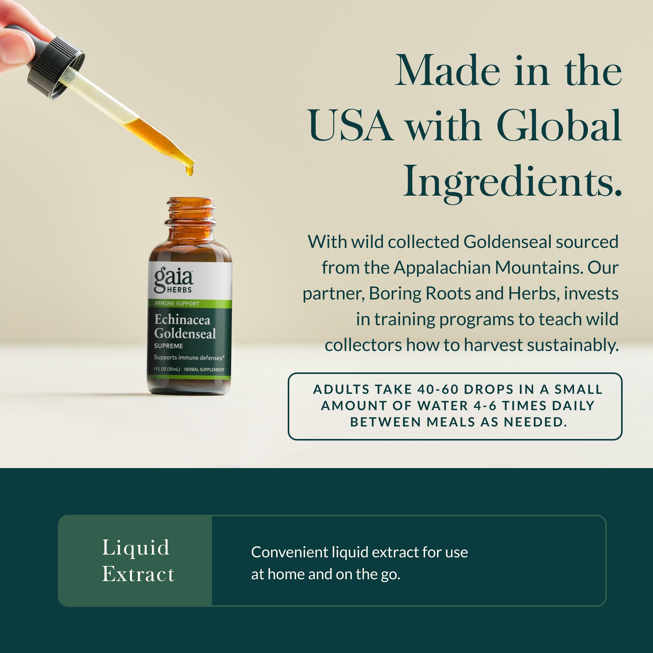 Dropper dispensing Gaia Herbs liquid extract