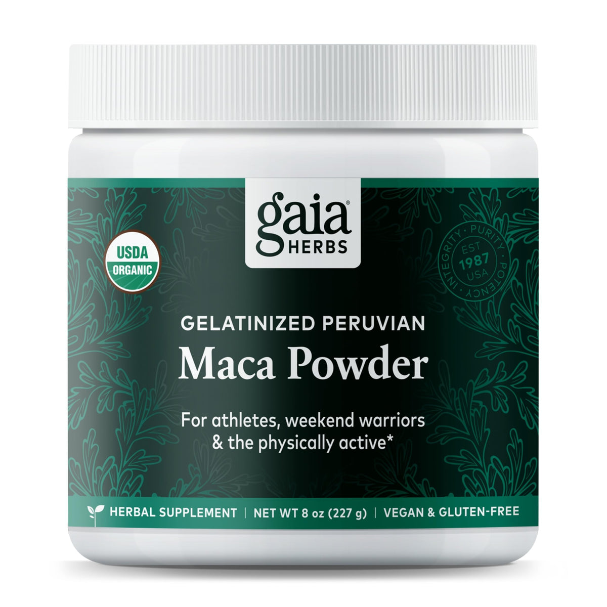 Gaia Herbs Maca Powder 8 oz container on white