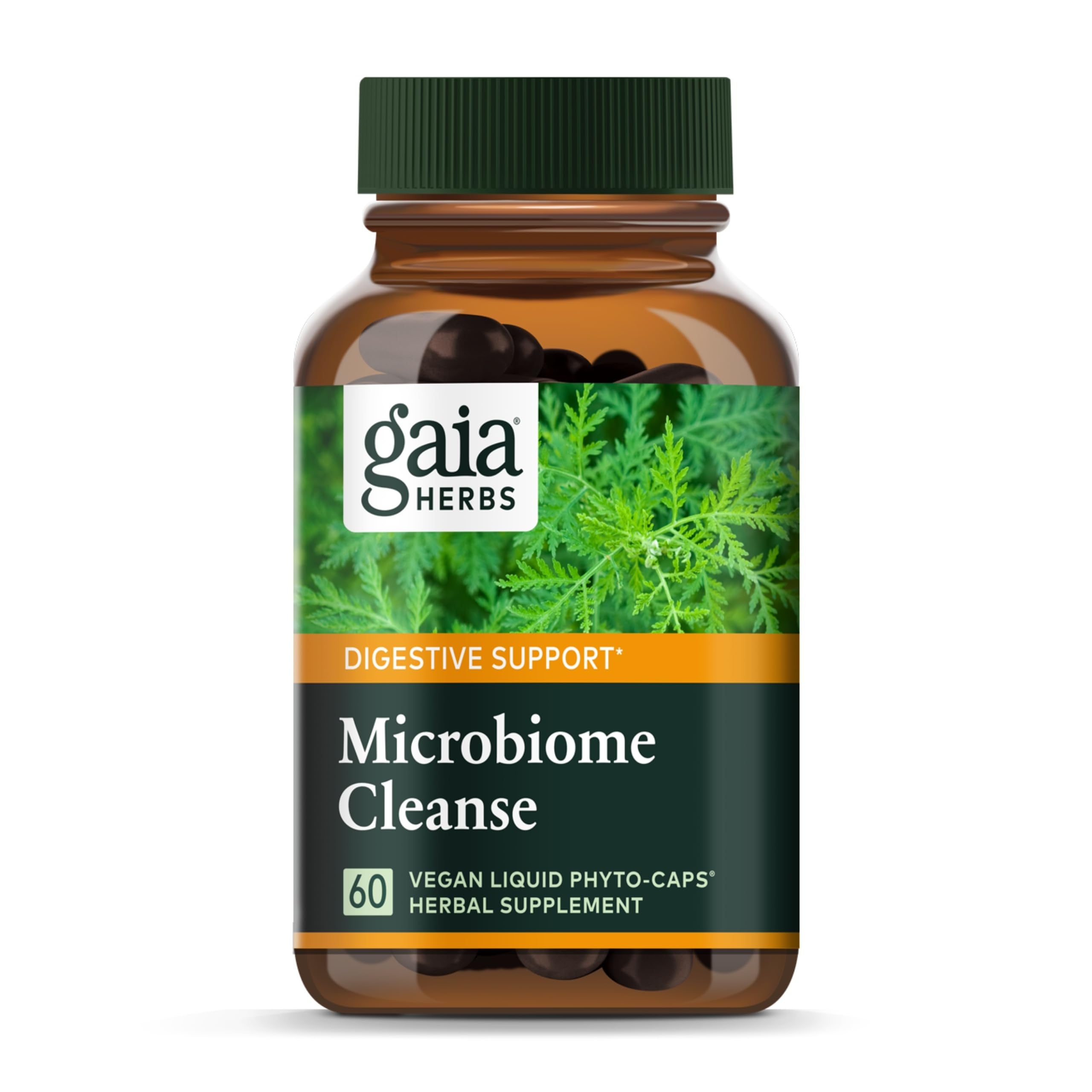 Gaia Herbs Microbiome Cleanse bottle promotes digestive balance and convenient daily use.