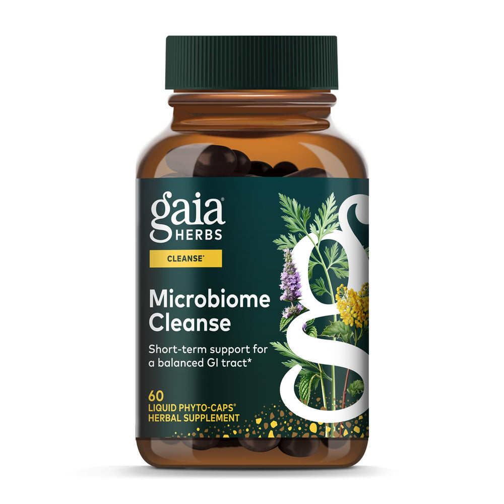 Gaia Herbs Microbiome Cleanse bottle promotes digestive balance and convenient daily use.