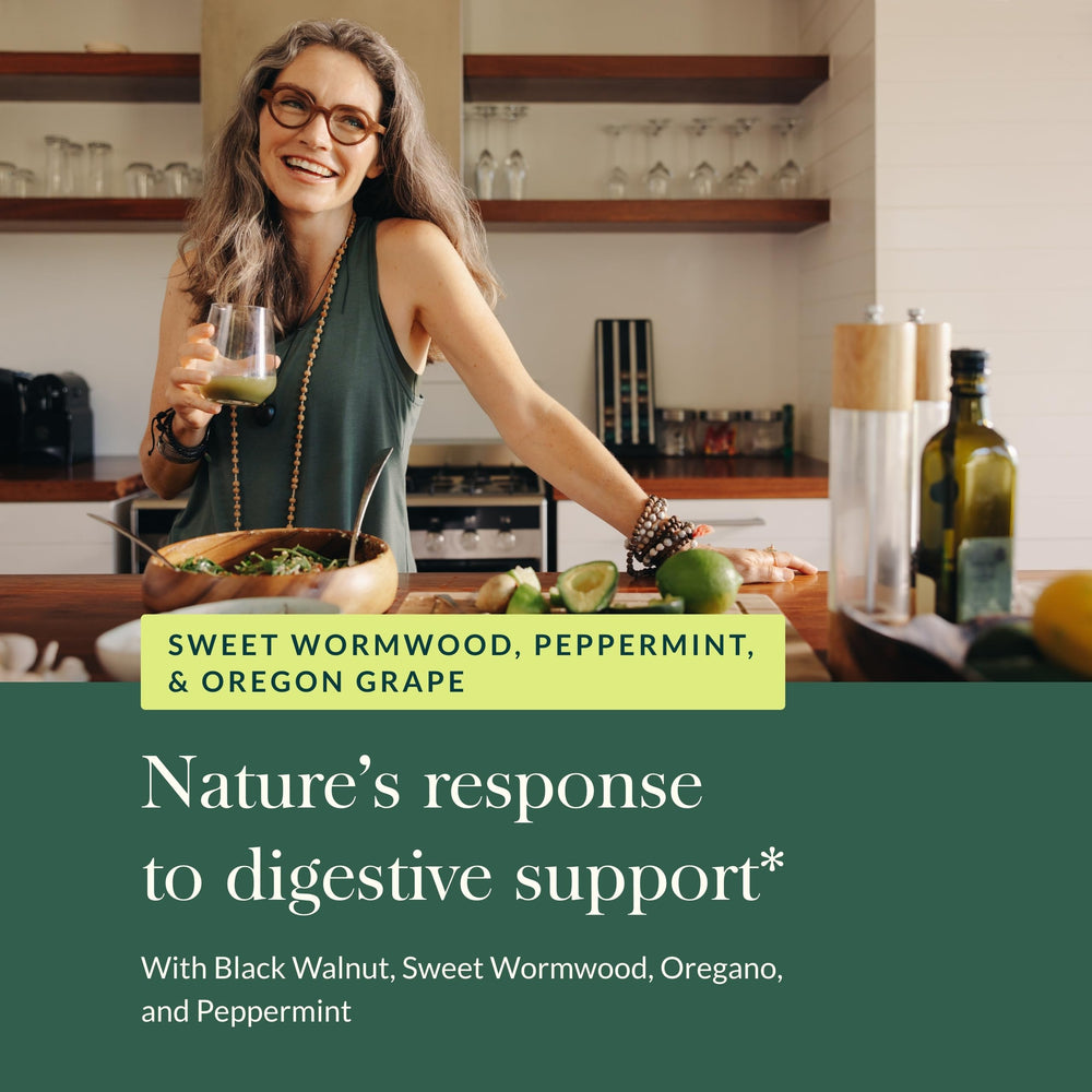 Close-up of Gaia Herbs Microbiome Cleanse capsules highlighting travel-friendly use.