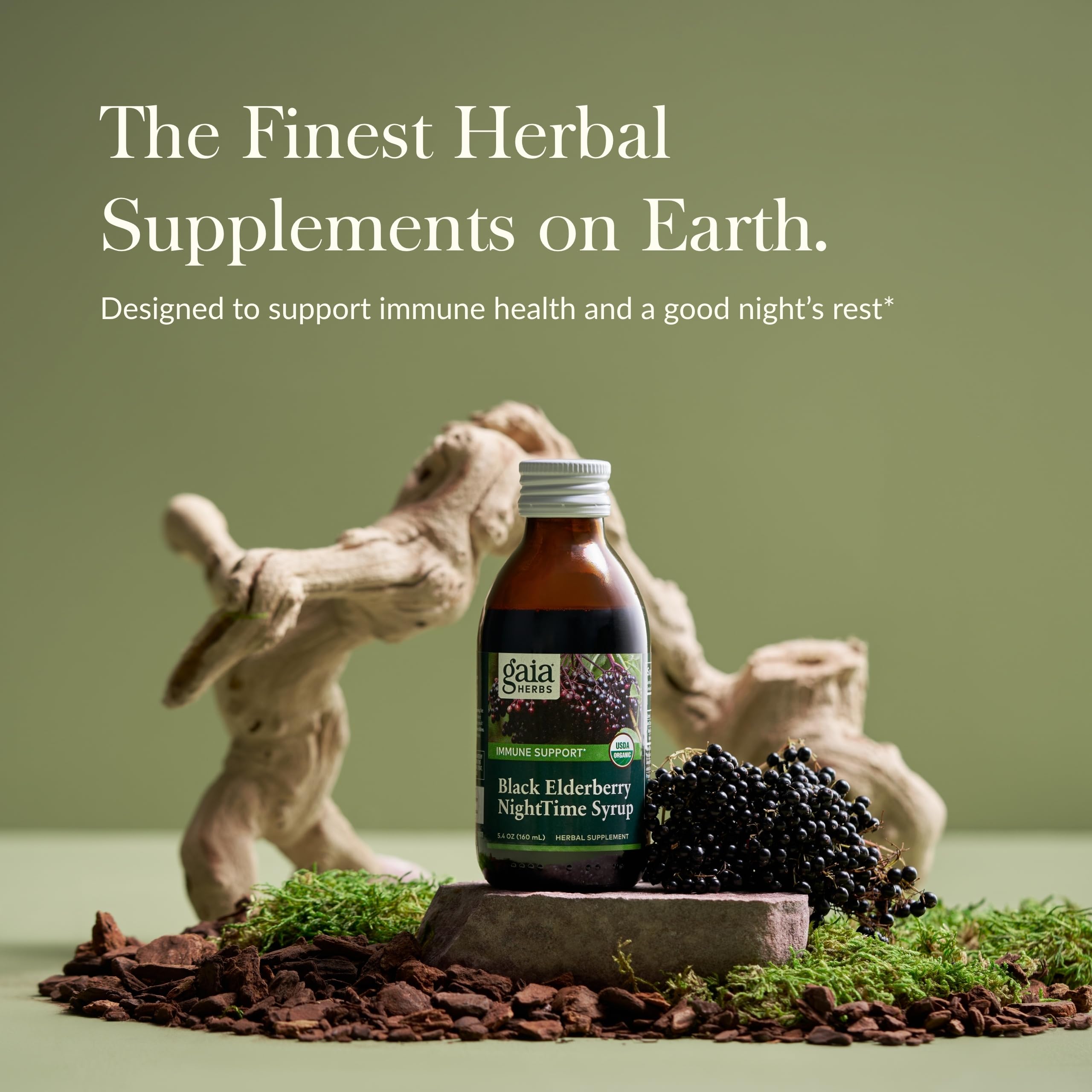 Close-up of Gaia Herbs NightTime Syrup label