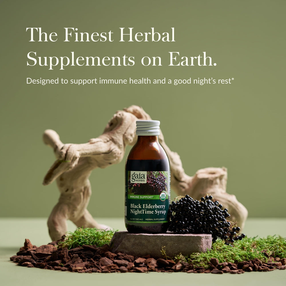 Close-up of Gaia Herbs NightTime Syrup label