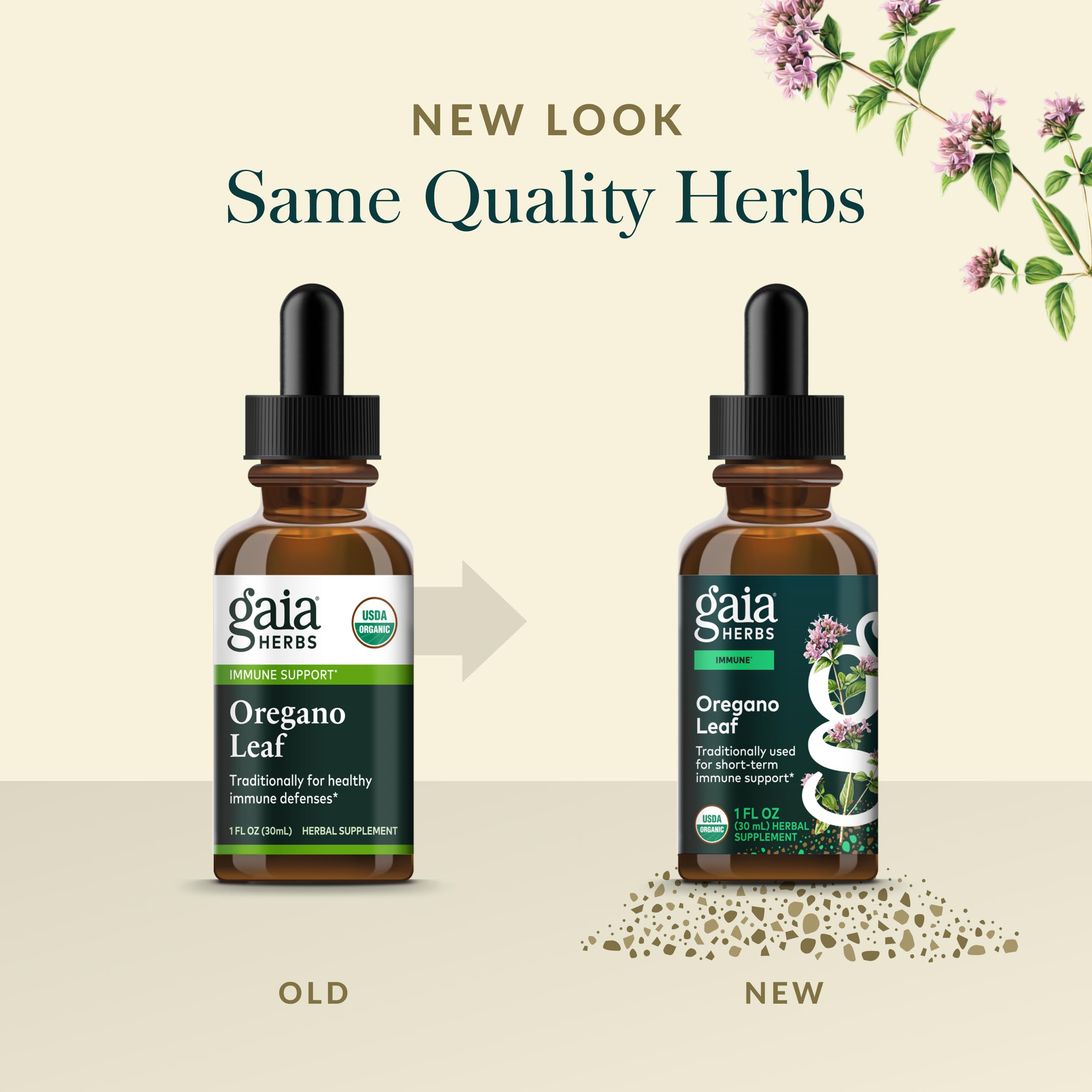 Oregano leaves shown with Gaia Herbs liquid bottle