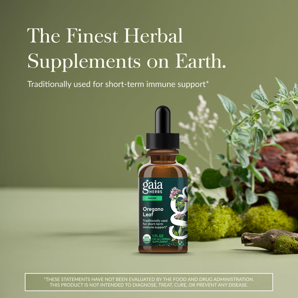 Gaia Herbs Oregano Leaf Immune Support liquid bottle - back label