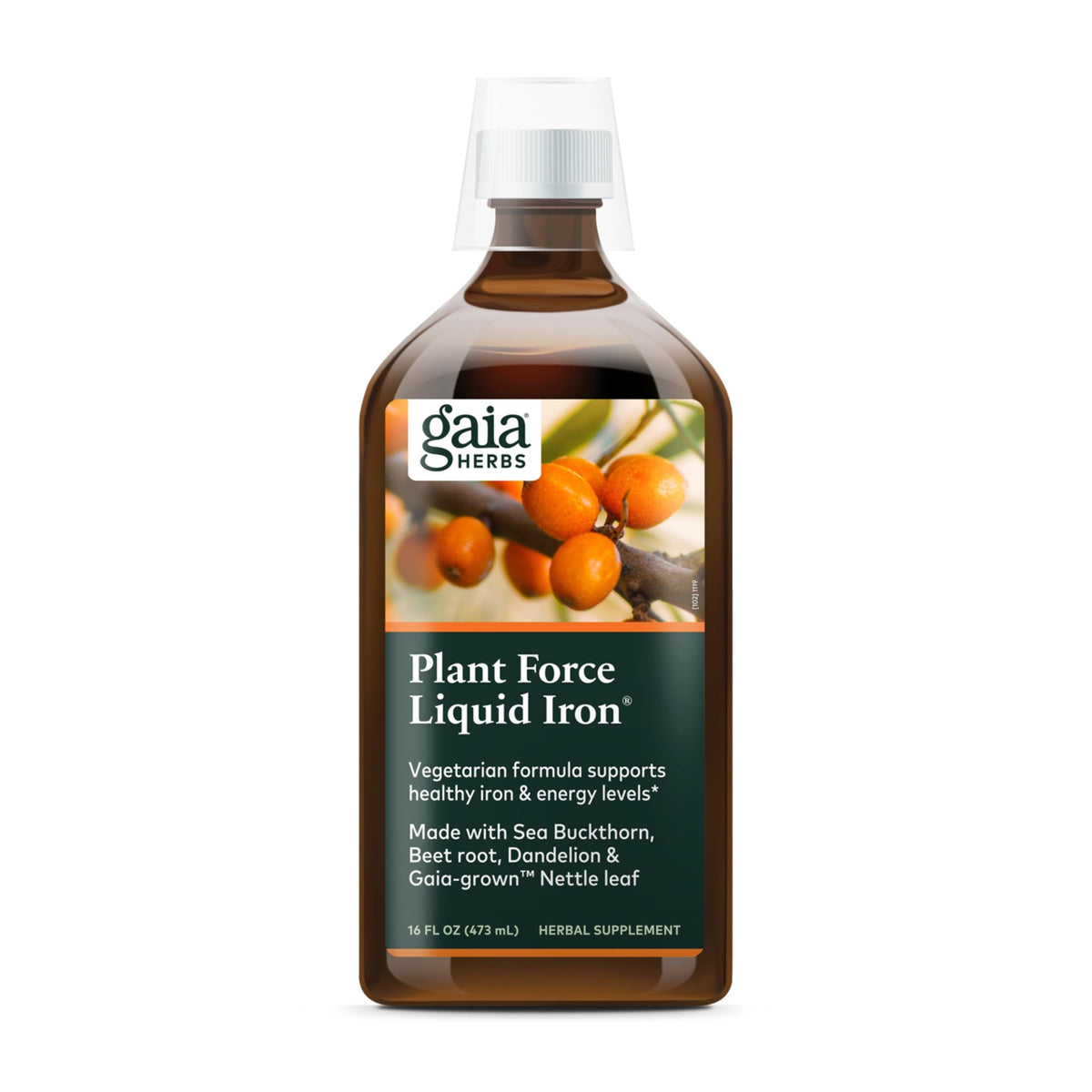 Gaia Herbs Plant Force Liquid Iron bottle with front label