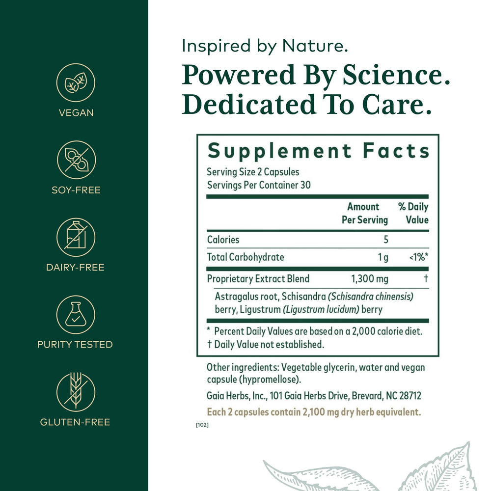 Ingredients close-up: astragalus root, schisandra berry, and ligustrum berry