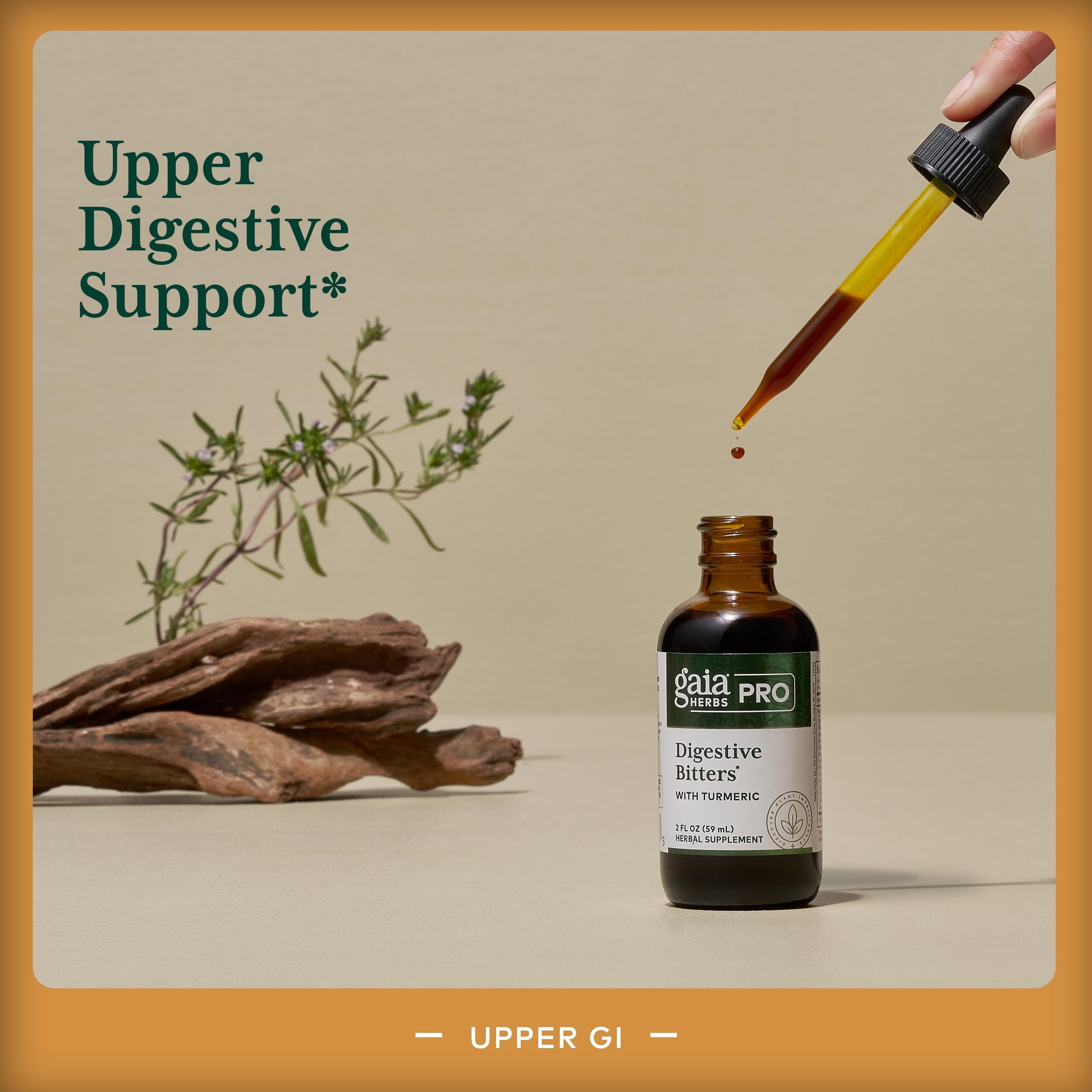 Close-up of the Gaia Herbs PRO Digestive Bitters with Turmeric label