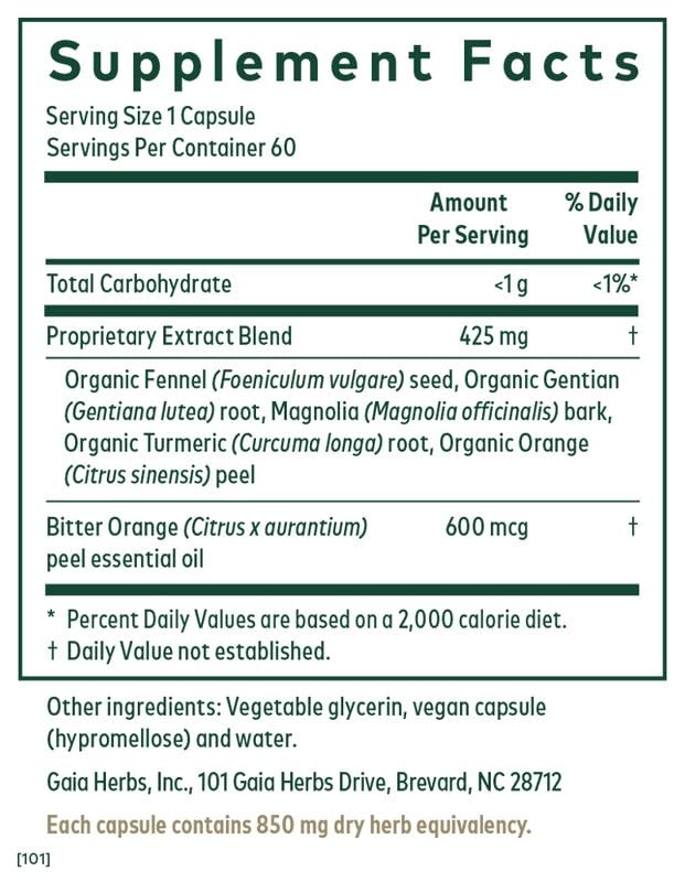 Digestive health formula with fennel seed, gentian root, magnolia bark and turmeric root