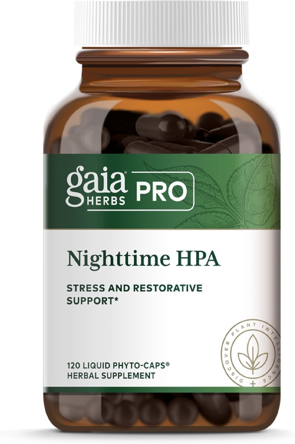 Gaia Herbs Pro Nighttime HPA bottle and capsules on a neutral background
