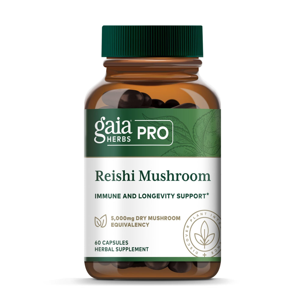Gaia Herbs PRO Reishi Mushroom bottle label showing Organic and Vegan