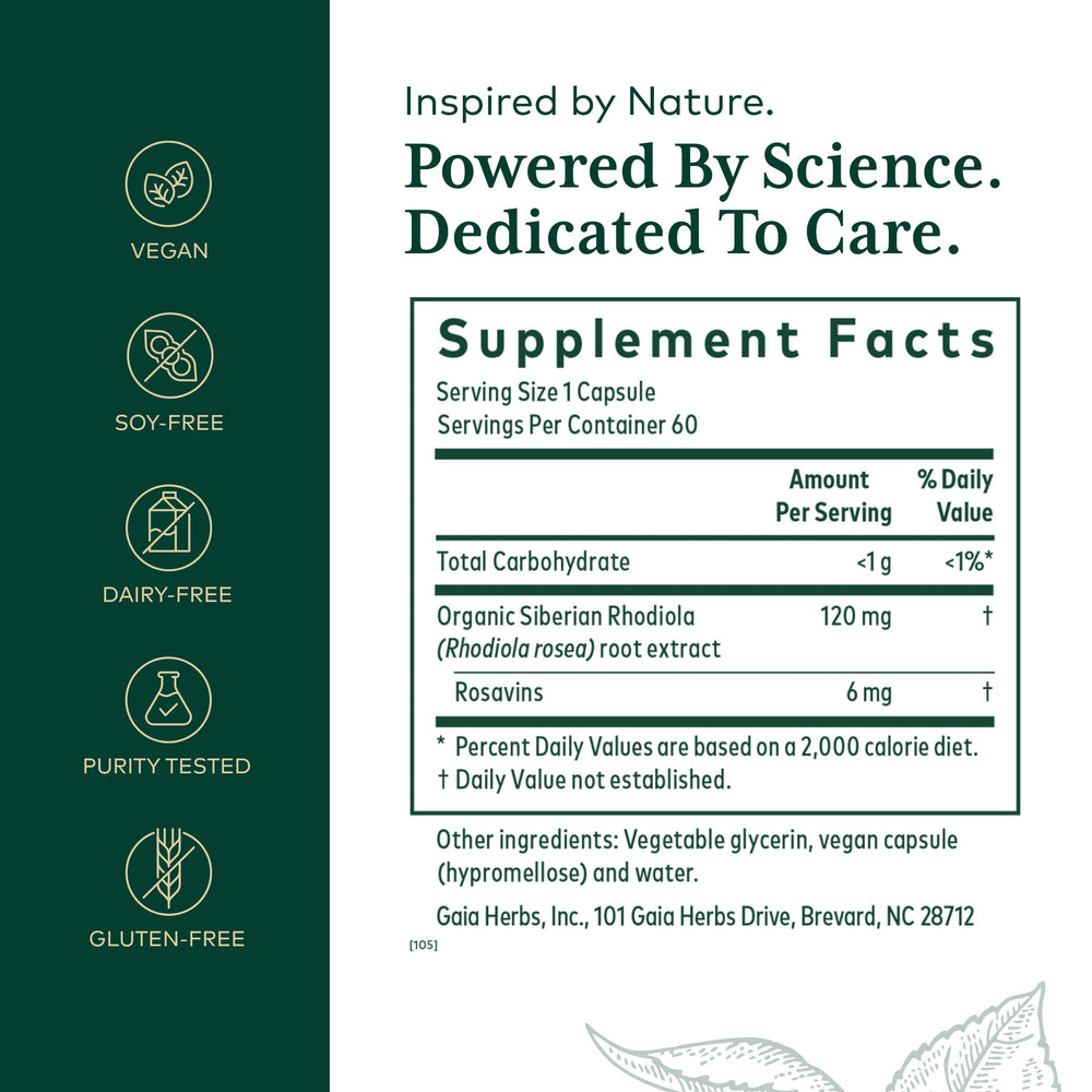Close-up of GAIA Herbs PRO Rhodiola Phyto-Caps bottle label