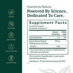 Close-up of GAIA Herbs PRO Rhodiola Phyto-Caps bottle label