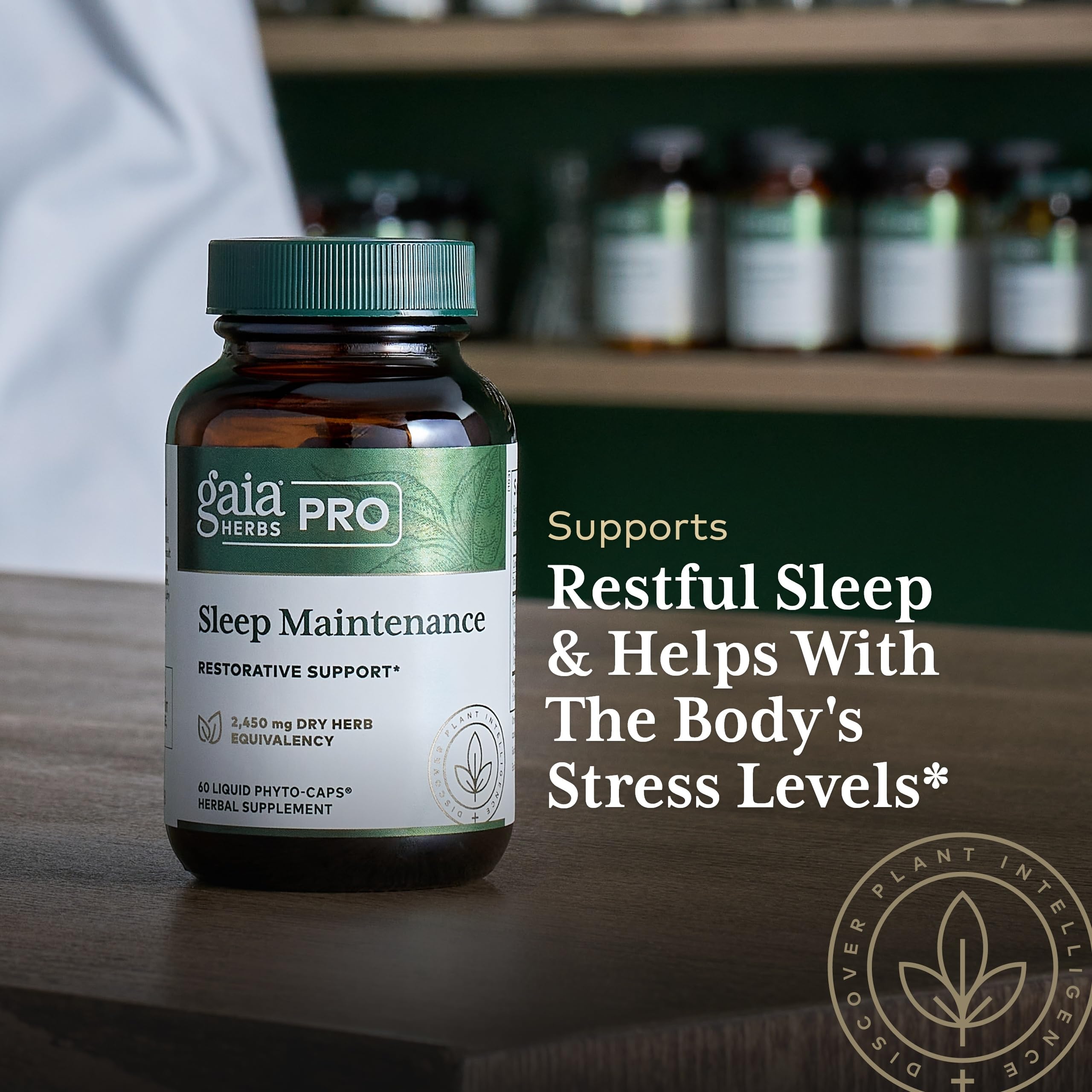 Gaia Herbs PRO Sleep Maintenance packaging showing vegan and gluten-free claim