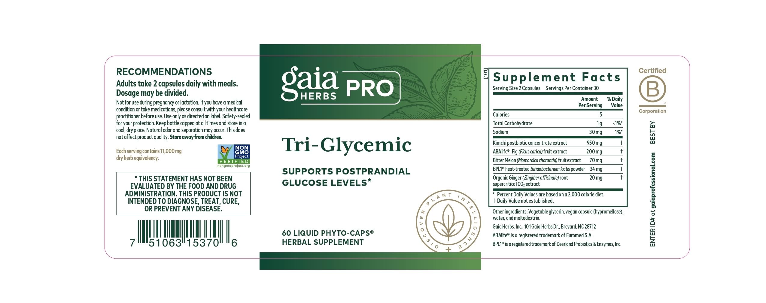 Gaia Herbs PRO Tri-Glycemic 60 Liquid Phyto-Caps bottle on a white surface