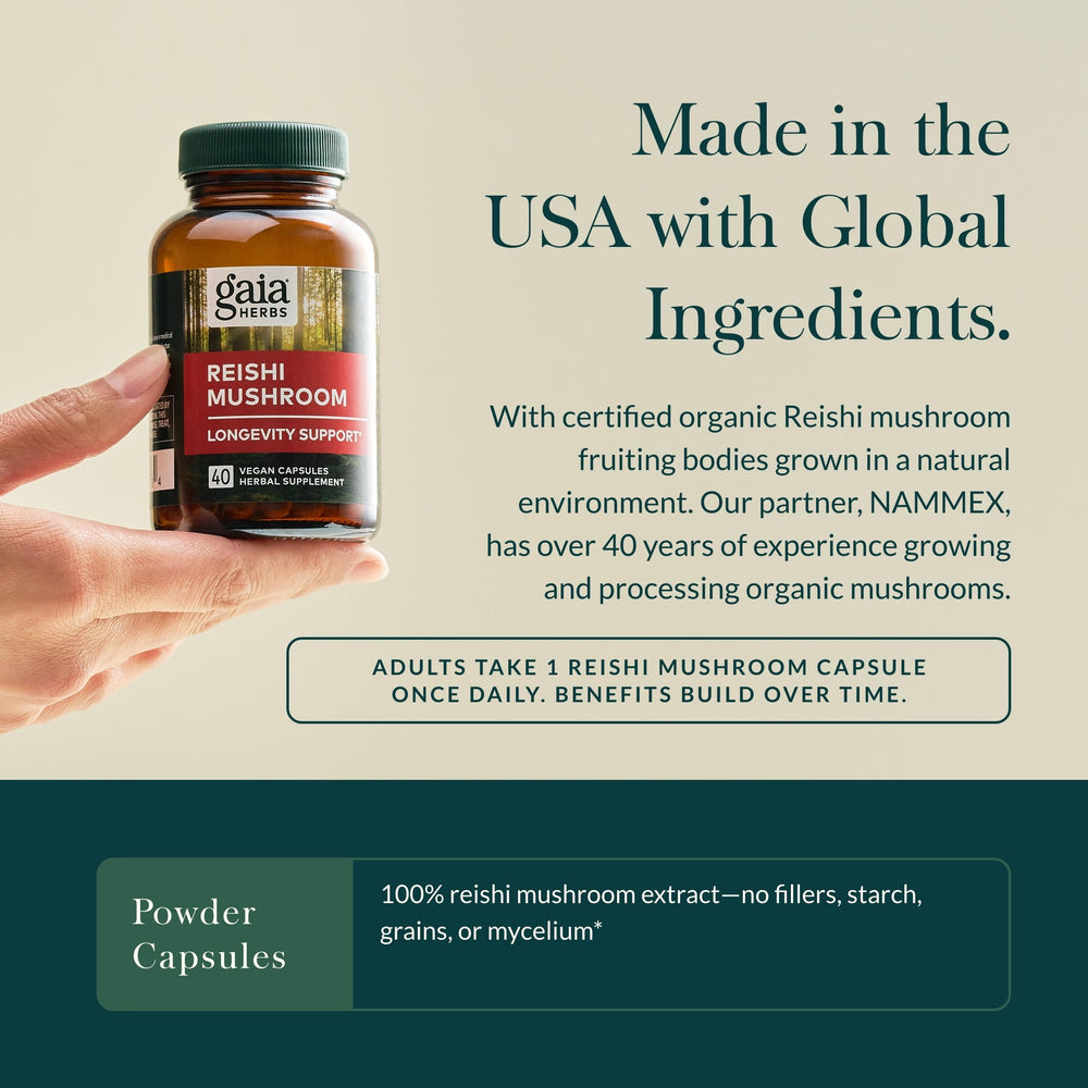 NC, USA-made vegan Reishi capsules in blister pack