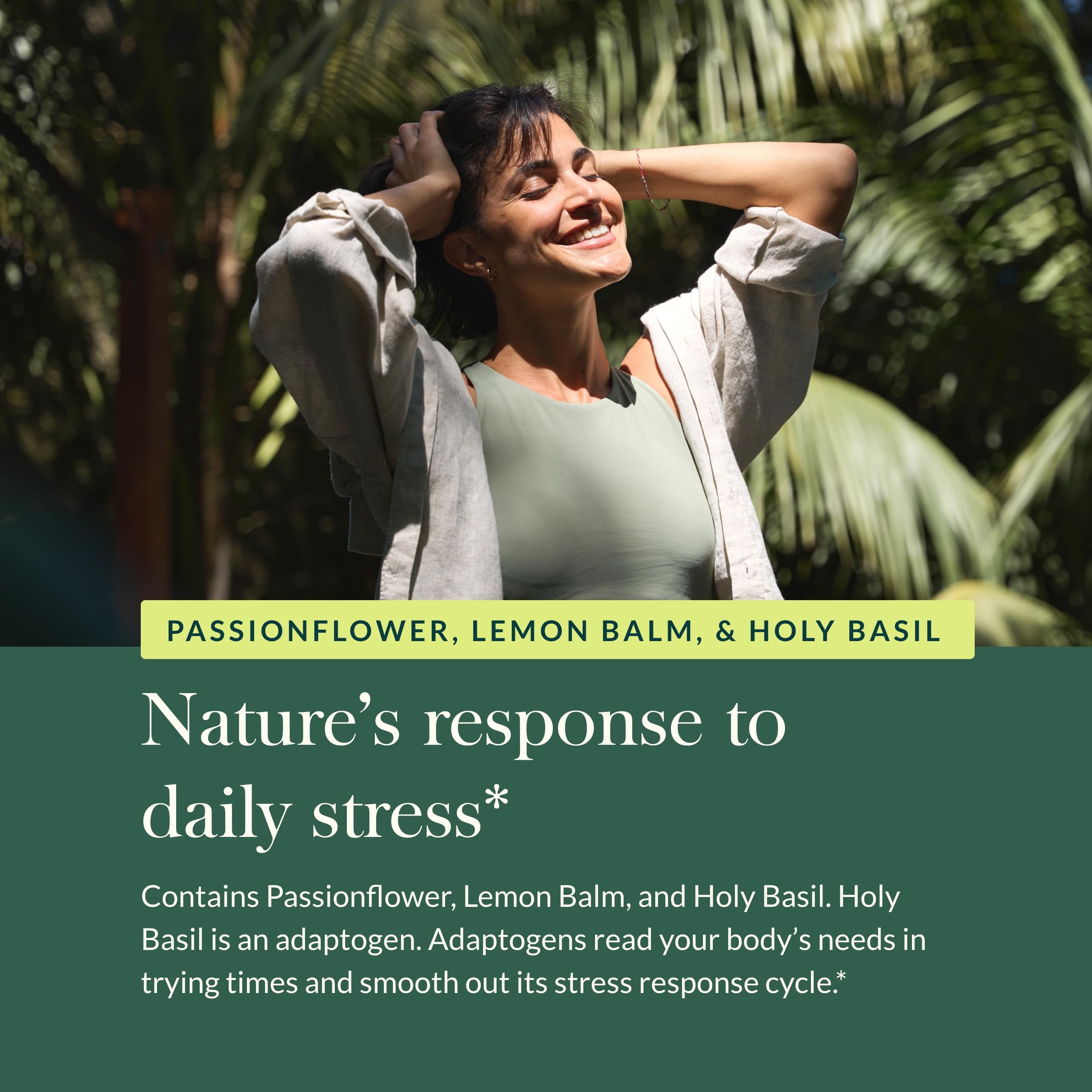 Bottle label highlighting passionflower and lemon balm ingredients