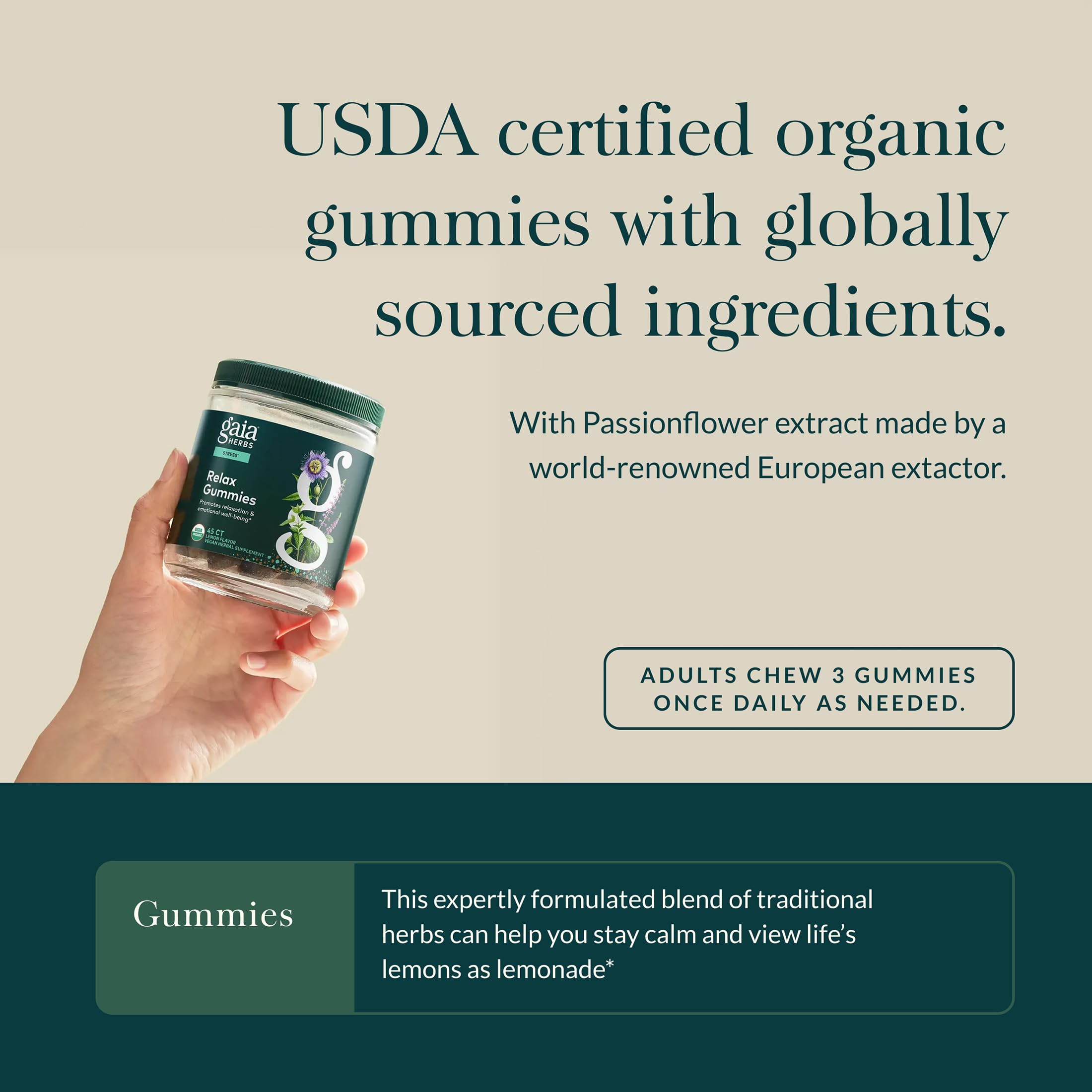 Gaia Herbs label close-up showing ingredients and quality benefit