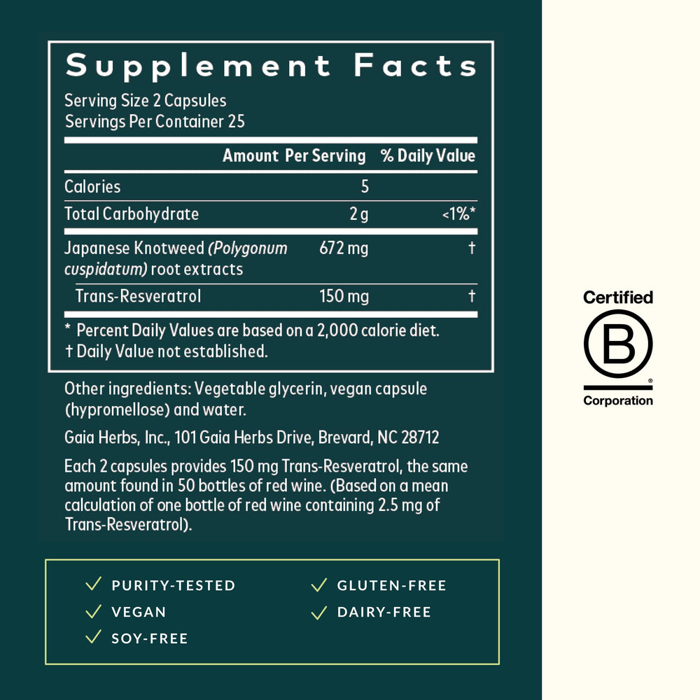 Close-up of Gaia Herbs Resveratrol 150 label