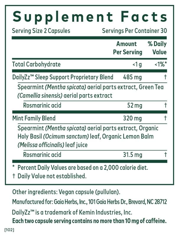 Close-up of the Somni-Mint ingredients: green tea extract, lemon balm, spearmint