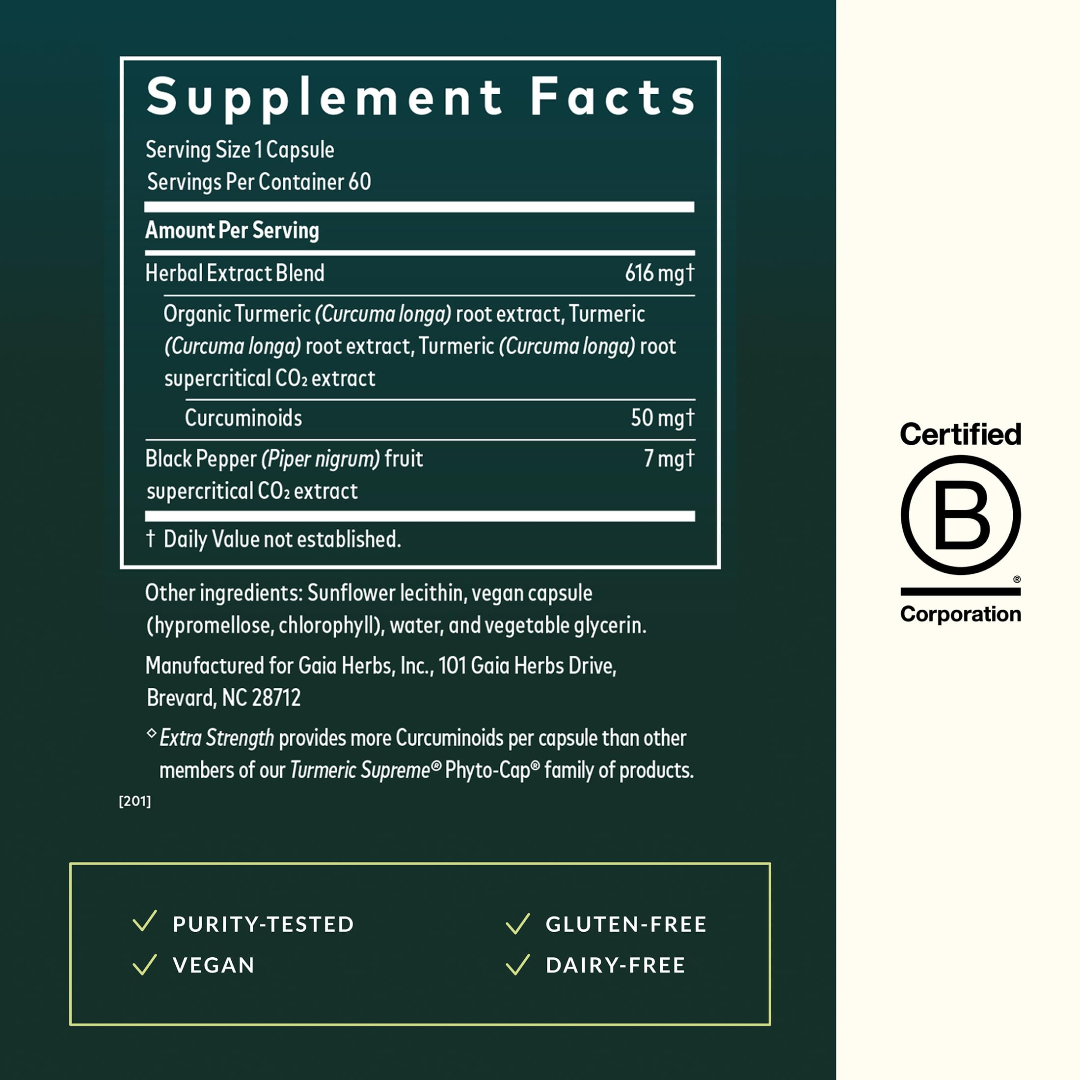 Gaia Herbs Turmeric Supreme – etiquette bio: emballage traçable et transparent.