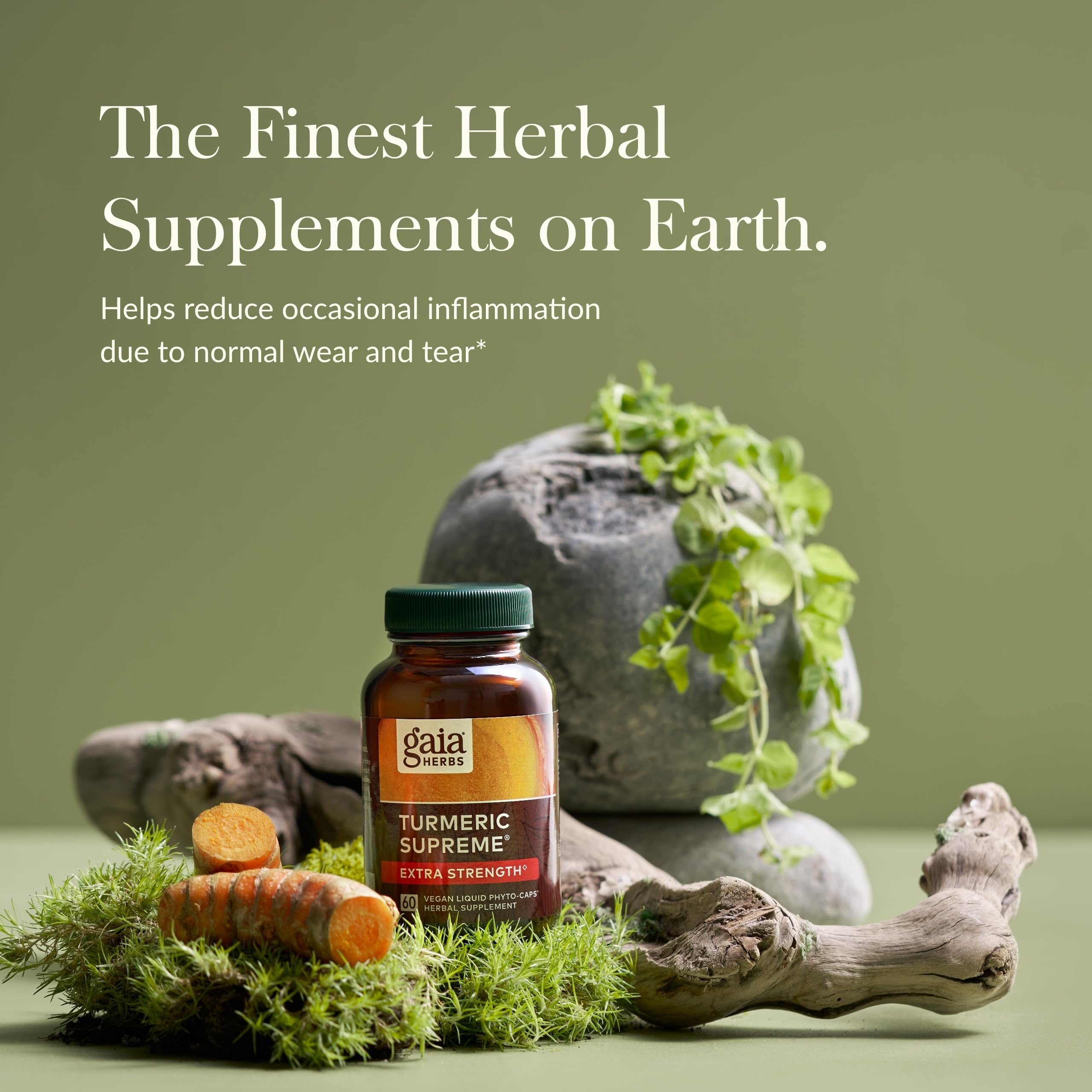 Close-up of Gaia Herbs Turmeric Supreme Extra Strength bottle