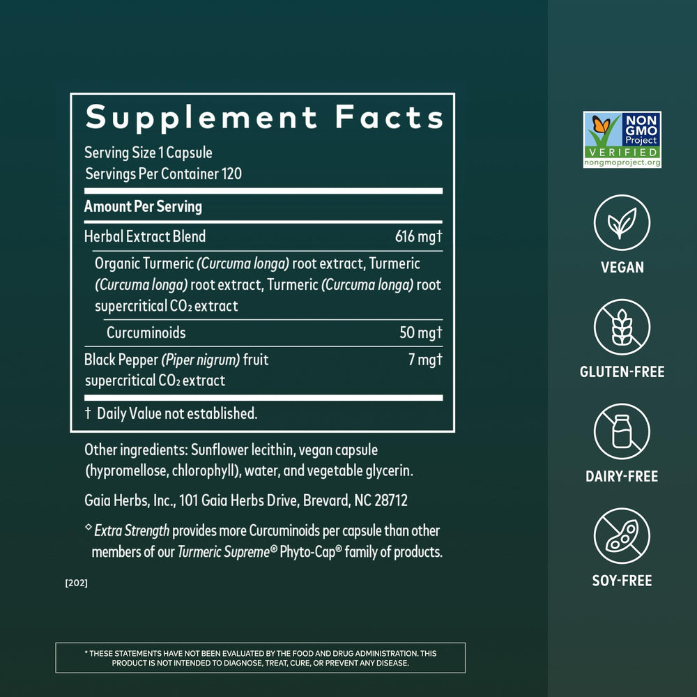Gaia Herbs Turmeric Supreme capsules close-up highlighting curcumin with black pepper.