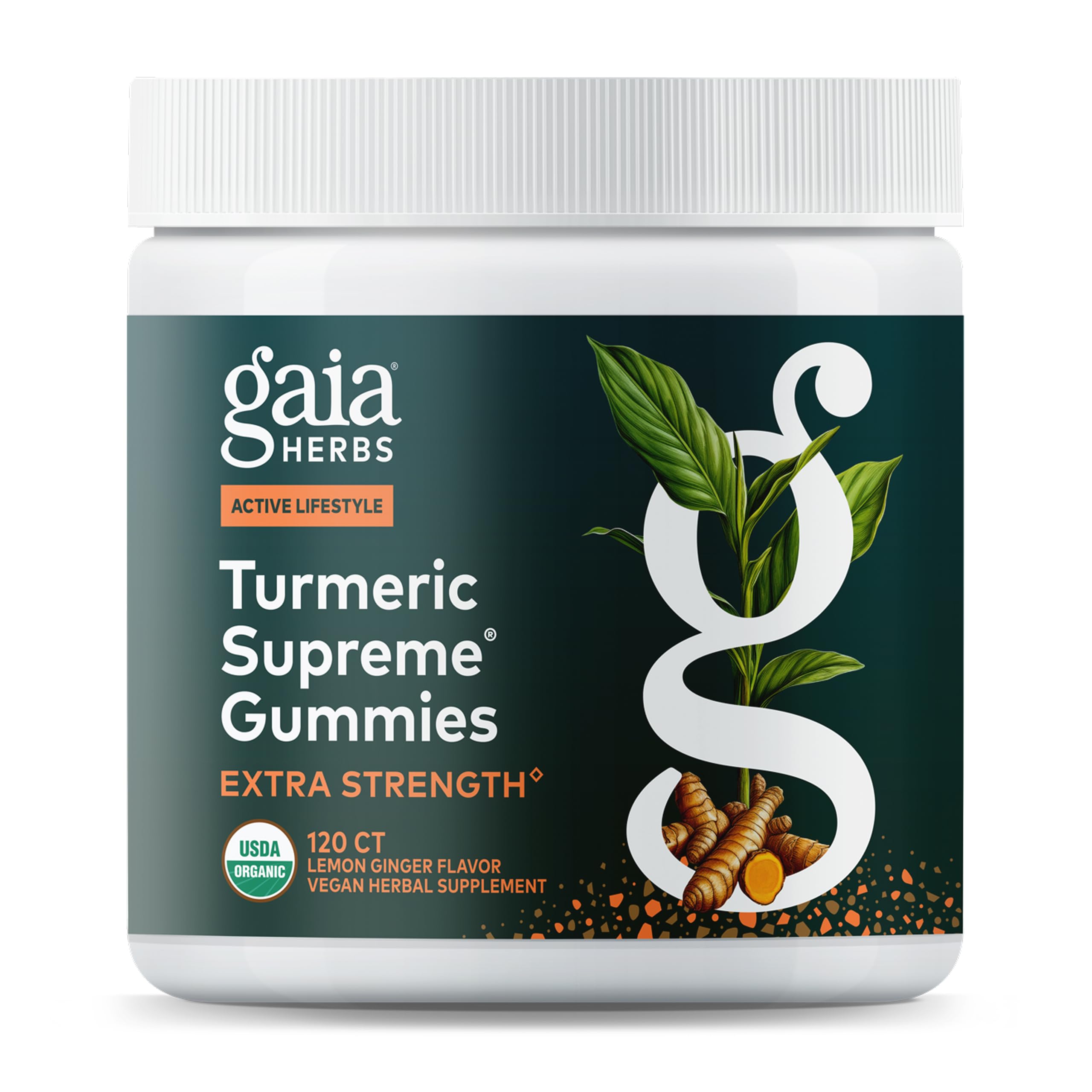 Gaia Herbs Turmeric Supreme Extra Strength Gummies bottle with Lemon Ginger flavor