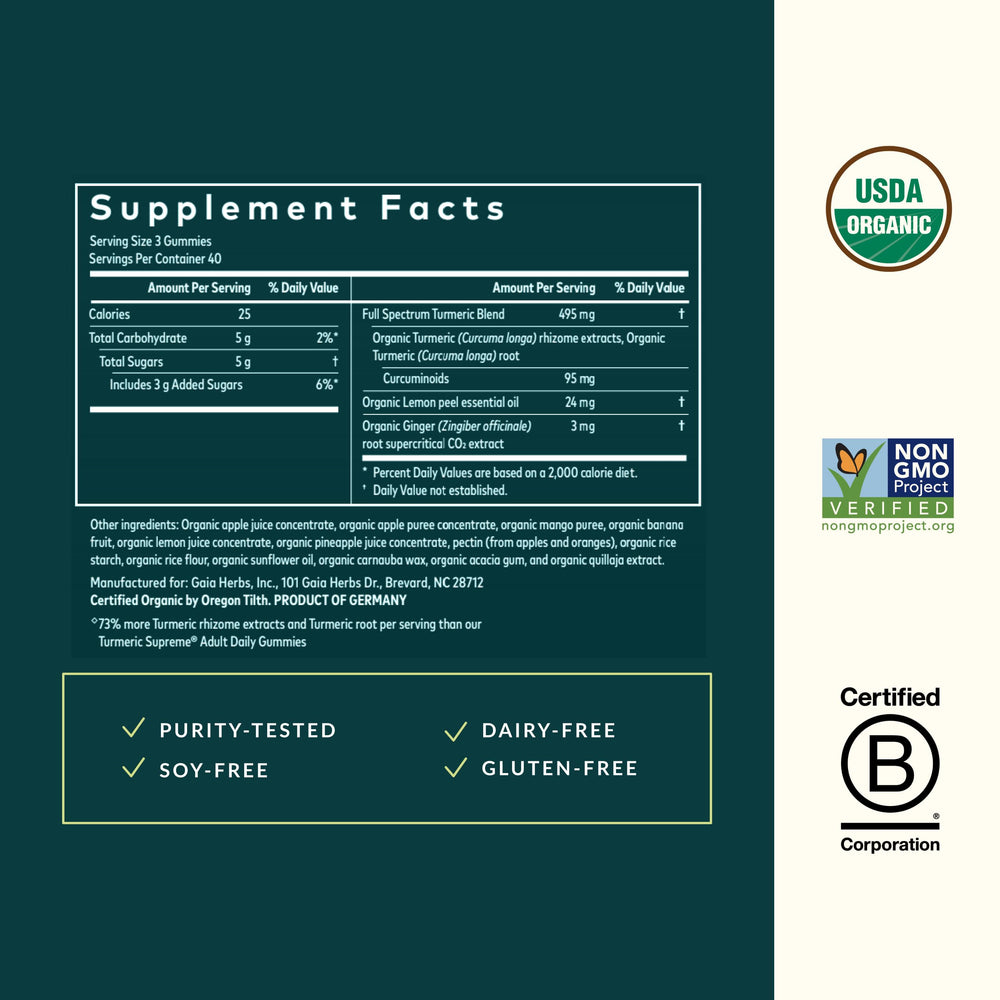 Front label of Gaia Herbs Turmeric Supreme Extra Strength Gummies – 120 vegan organic gummies