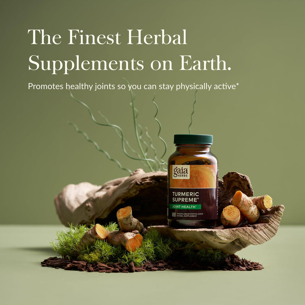 Close-up of Gaia Herbs Turmeric Supreme Joint Health label