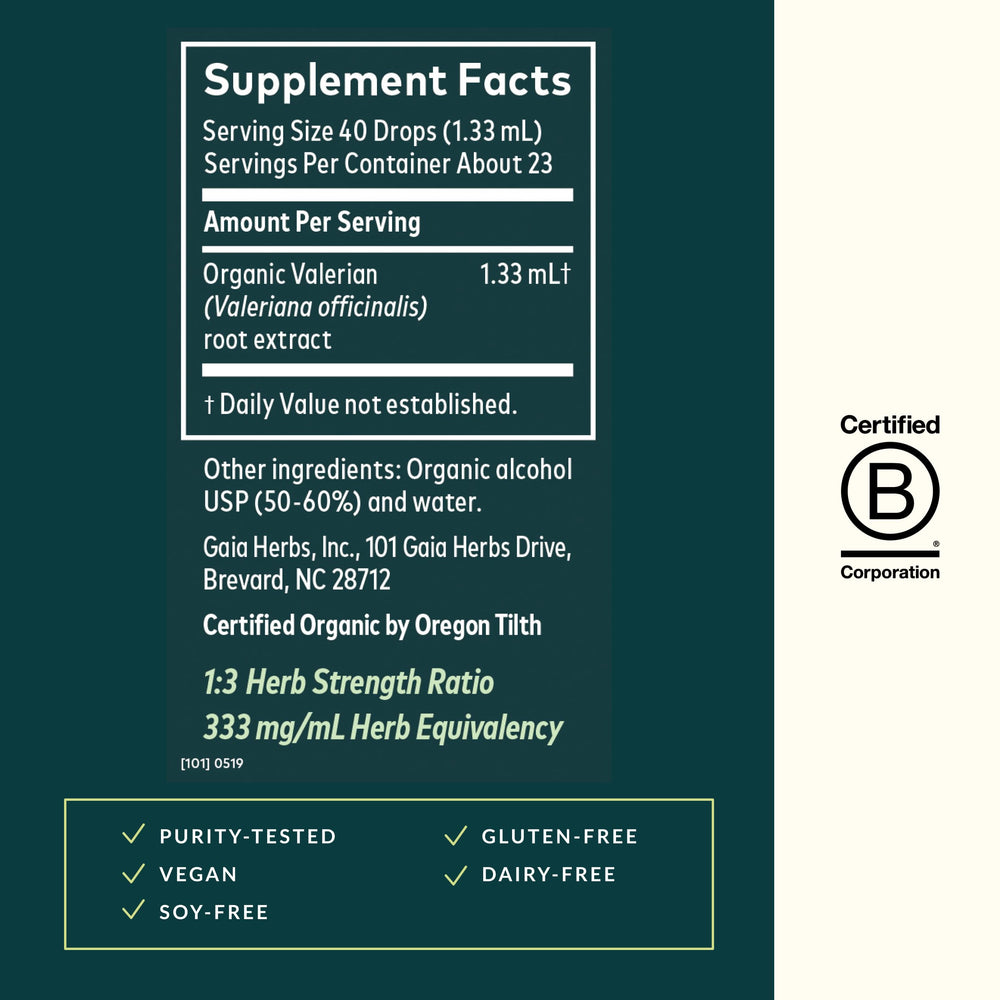 Organic valerian root ingredients used in Gaia Herbs formula