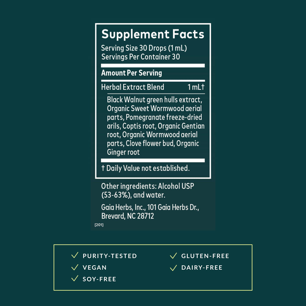 Packaging for Gaia Herbs Wormwood Black Walnut Supreme liquid extract