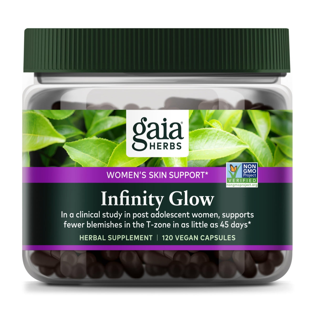 Infinity Glow bottle front view with Gaia Herbs logo