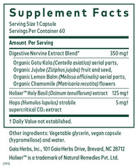 Gaia Herbs PRO GI Stress ingredients: holy basil, gotu kola, jujube, lemon balm, chamomile