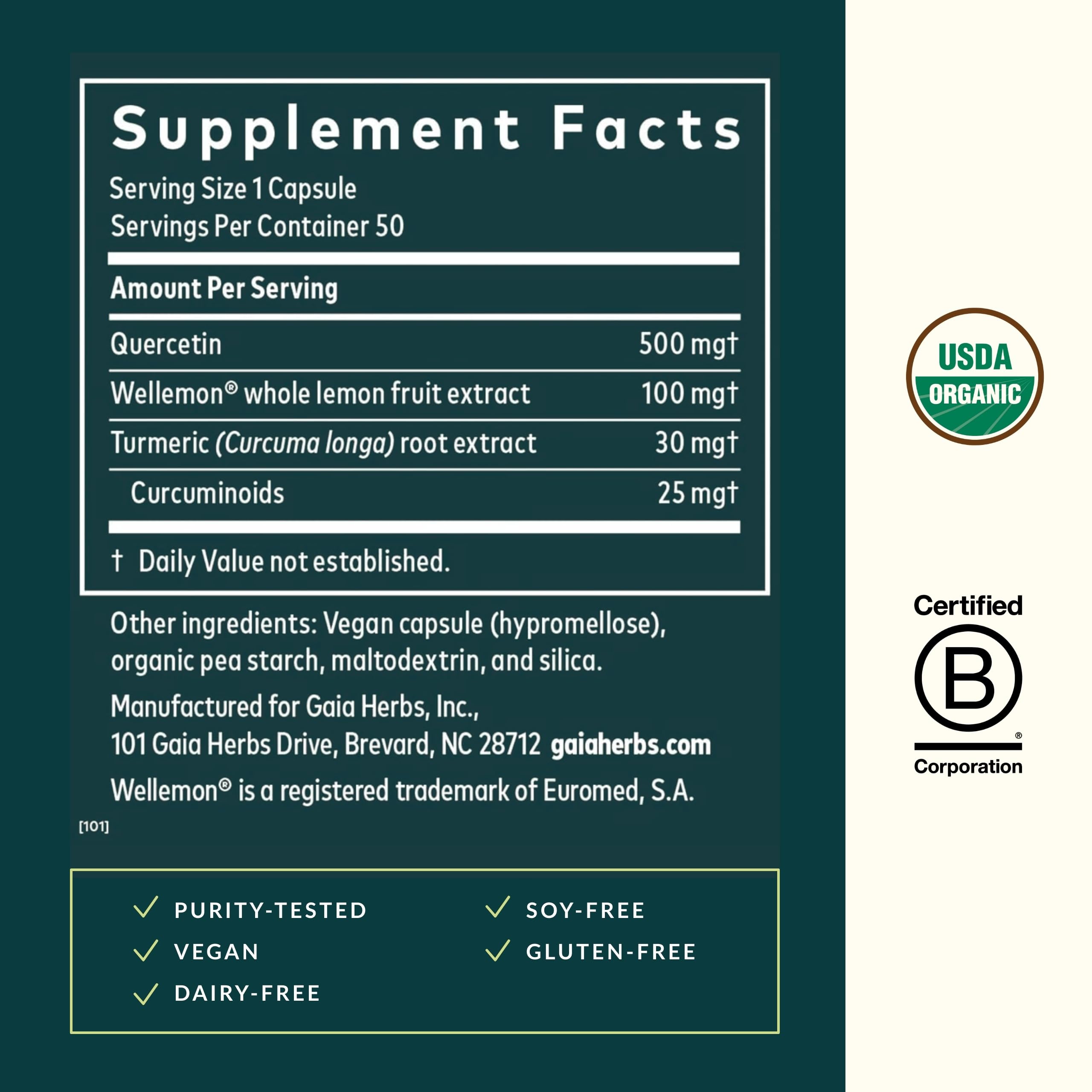 Close-up of Quercetin Synergy label and vegan capsules