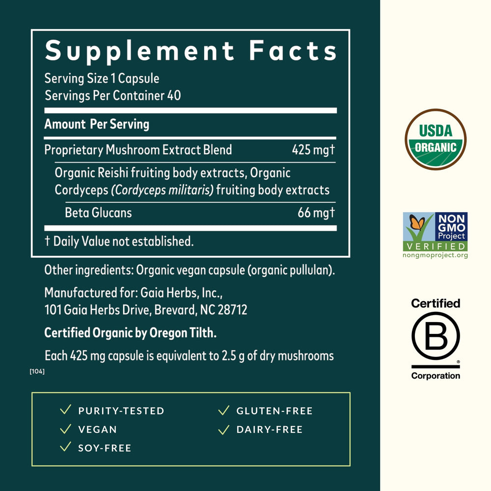 Gaia Respiratory Mushroom Blend packaging showing 40 vegan capsules