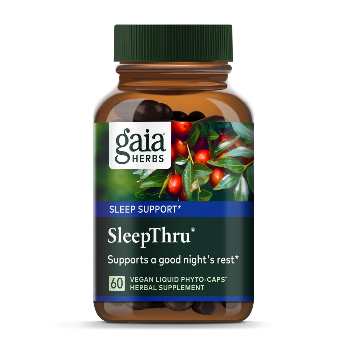 Gaia Herbs SleepThru bottle front label - Sleep support