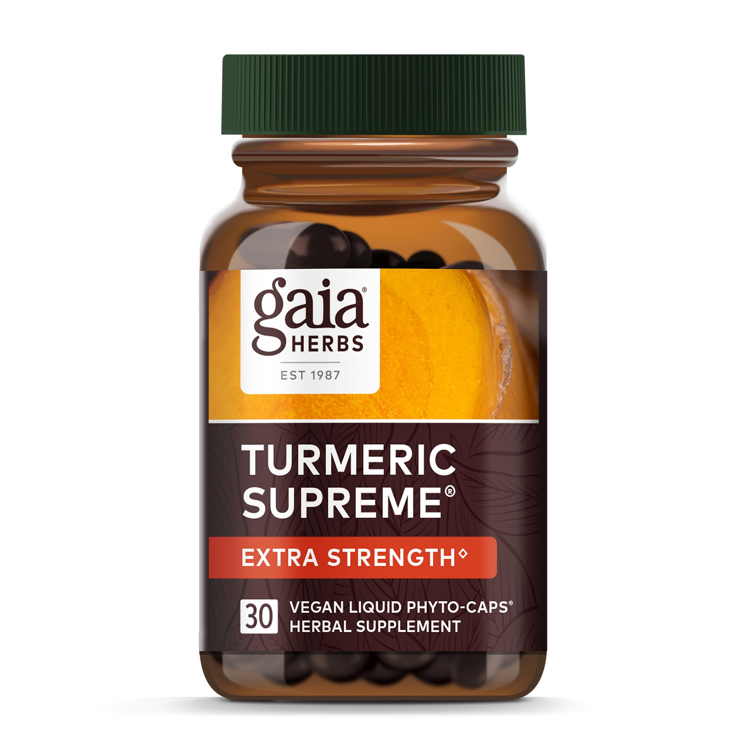 Gaia Herbs Turmeric Supreme Extra Strength bottle with label on white background